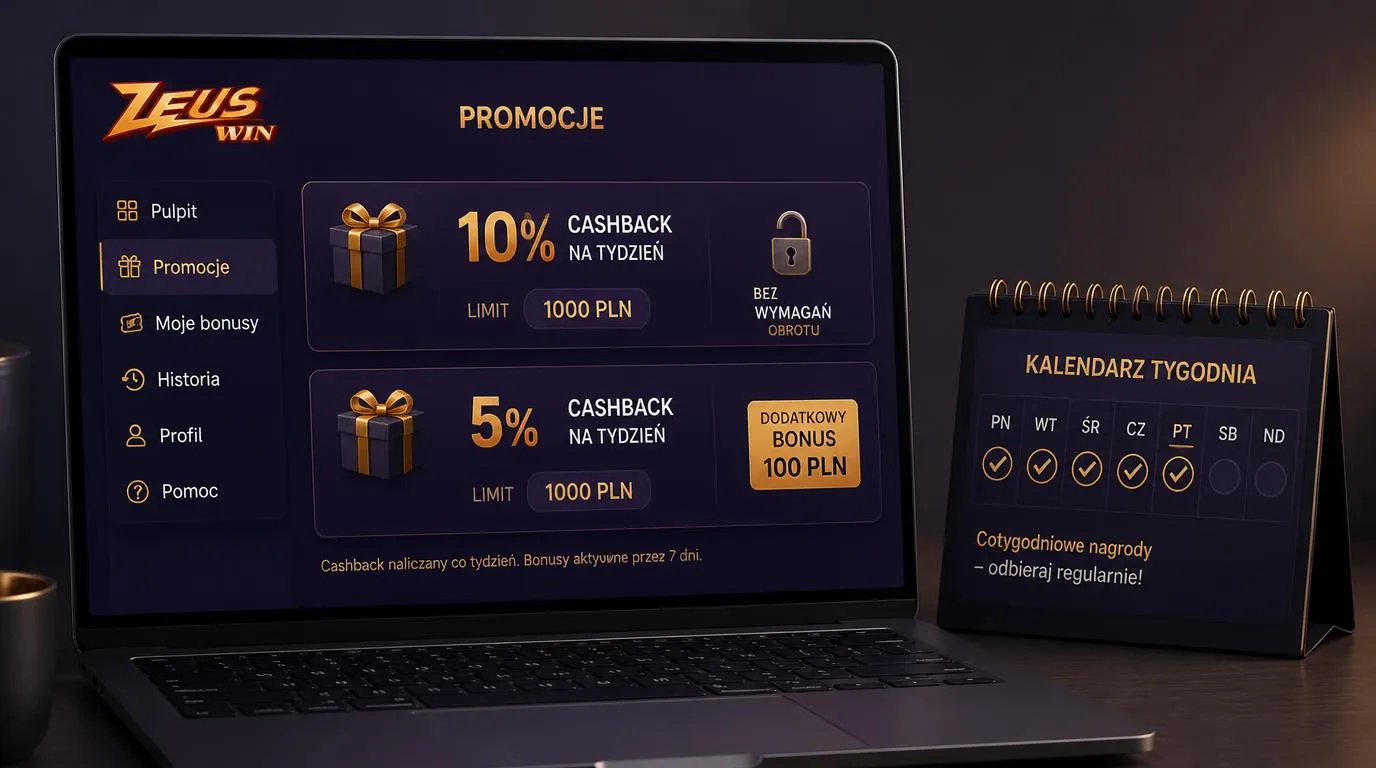 Panel promocji z kartami cashbacku 10%, tygodniowych nagród 5% i bonusem 100 PLN