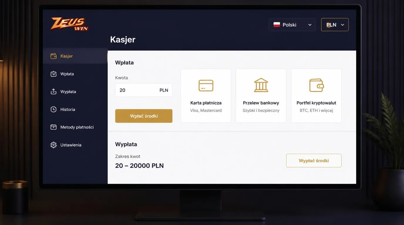 Panel kasjera z walutą PLN, kartą płatniczą, przelewem bankowym i wyborem kryptowalut