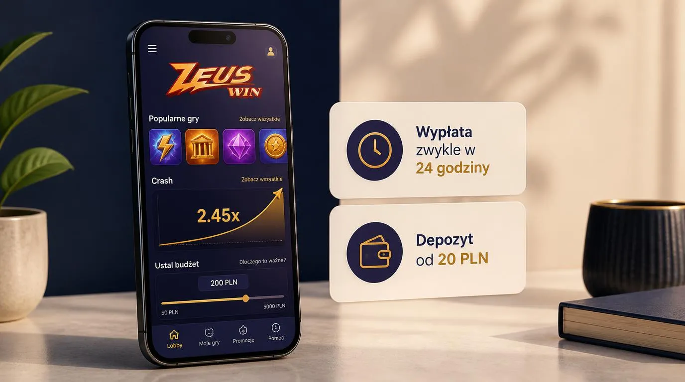 Telefon z katalogiem gier obok kart przedstawiających wypłatę w 24 godziny i depozyt od 20 PLN